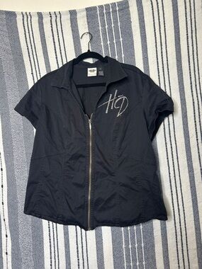 Harley Davidson Zip Up Rhinestone Short Sleeve Top